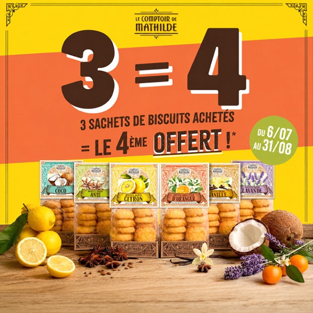 3 sachets de biscuits achetés = le 4ème offert* !
